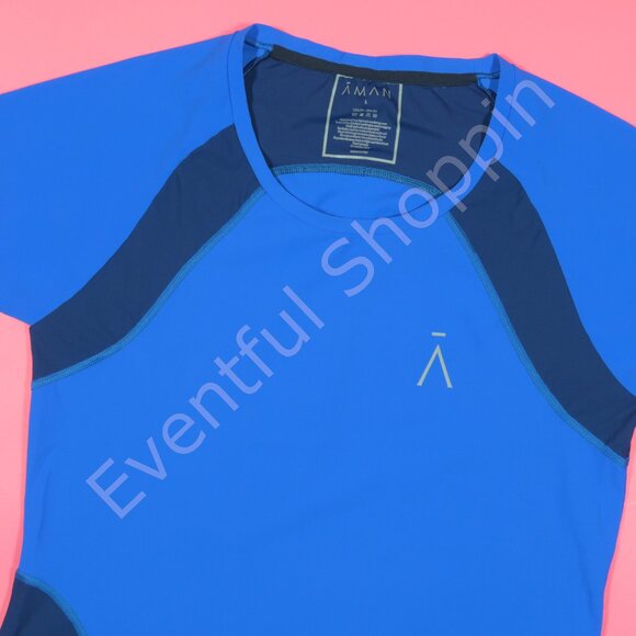 Aman Tops - Aman Top Womens L Blue Scoop Neck Activewear Stretch Short Sleeve Shirt